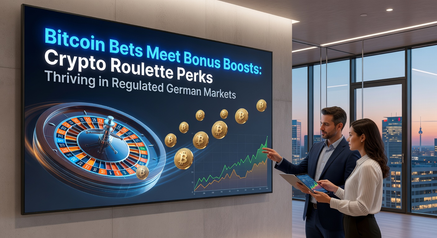 Bitcoin-Münzen rollen über ein digitales Roulette-Rad in einem modernen Online-Casino-Ambiente mit deutschen Regulierungs-Symbolen im Hintergrund