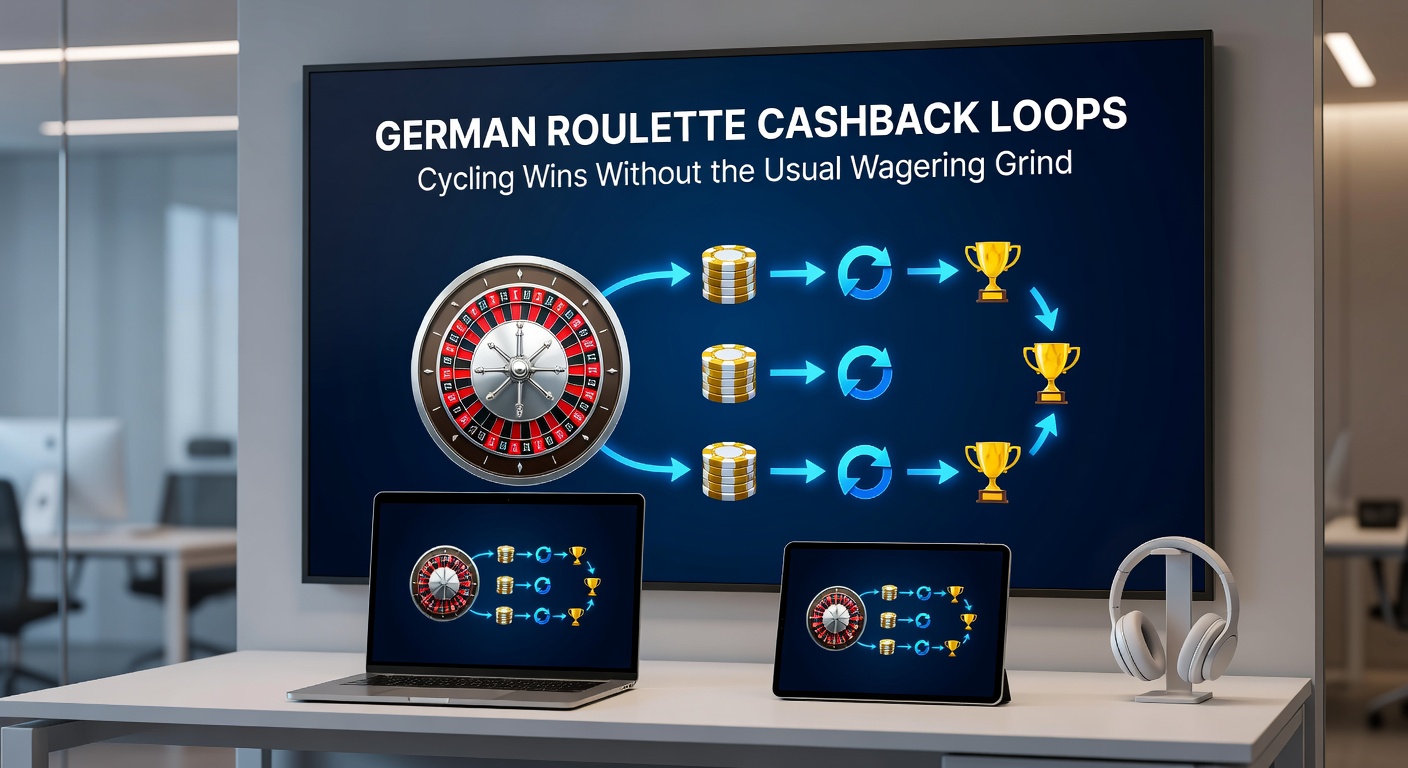 Detaillierte Infografik zu Cashback-Zyklen in German Roulette, mit Pfeilen, Prozentsätzen und Beispielrechnungen für deutsche Spieler