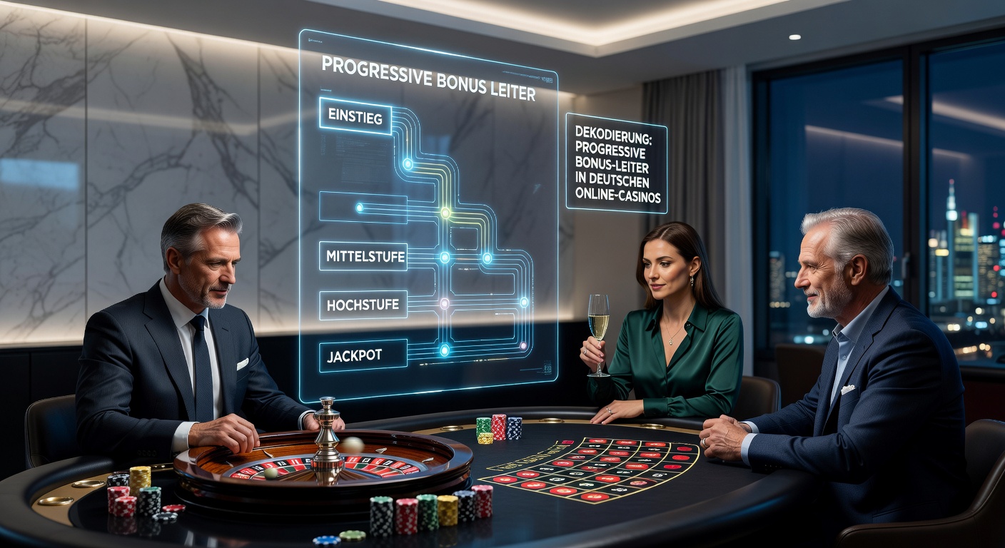 Detaillierte Grafik einer progressiven Bonusleiter mit VIP-Stufen, Roulette-Chips und steigenden Bonuswerten in einem deutschen Online-Casino